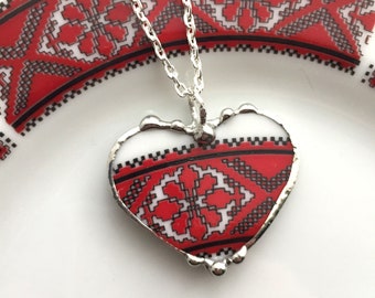 Broken china jewelry, heart pendant necklace, Eastern European folk art, Ukraine, Red Black Embroidery, Carpathian, Dishfunctional Designs