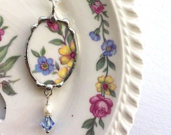 Broken china jewelry oval floral necklace pendant with pearl, Swarovski crystal beads made from antique broken china, Dishfunctional Designs