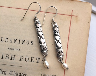 Silver Spoon Jewelry Earrings with Pearls, ornate vintage flatware, romantic, upcycled gift for her, ecofriendly, Dishfunctional Designs