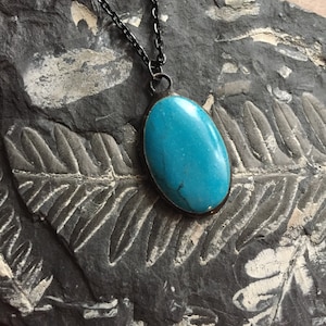 Medium Oval Turquoise Howlite gemstone cab amulet pendant necklace, artisan made hand soldered vintage finish