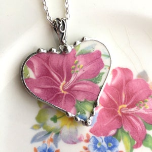 Antique Pink Lily, Broken China Jewelry, heart pendant necklace, lovely antique china jewelry, Dishfunctional Designs