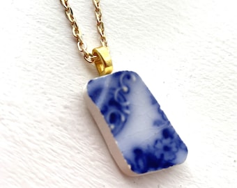 BROKEN CHINA JEWELRY - china shard pendant necklace with chain - antique china shard pendant - flow blue china - Dishfunctional Designs
