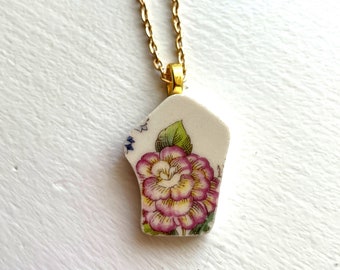 BROKEN CHINA JEWELRY - china shard pendant necklace with chain - antique china shard pendant floral china - Dishfunctional Designs