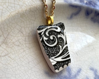 BROKEN CHINA JEWELRY - china shard pendant necklace antique china shard pendant black & white English transferware - Dishfunctional Designs