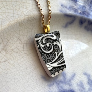 BROKEN CHINA JEWELRY - china shard pendant necklace antique china shard pendant black & white English transferware - Dishfunctional Designs