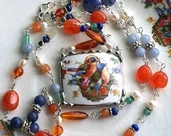 Antique Broken China Jewelry Necklace. Sweet little bluebirds. Sterling Silver. Carnelian Pearls Gemstones. Upcycled, Dishfunctional Designs