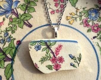 Broken china jewelry - china pendant necklace with chain - antique china shard pendant - pretty floral china - Dishfunctional Designs