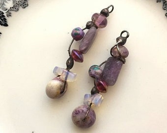 ARTISAN METALWORK. Soldered Charms. 2 hand-beaded charms drops jewelry making components Crazy Lace Agate, Amethyst, Opalite, Ceramic