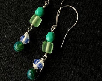 Green Goblin Glass, Mermaid Glass Earrings. Artisan Metalwork. Soldered silver Earrings. Hand-beaded, Dishfunctional Designs