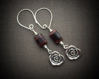 Red Tiger Eye, Rose Charms, sterling silver Earrings, dangle drop earrings, Hill tribe silver, Dishfunctional Designs