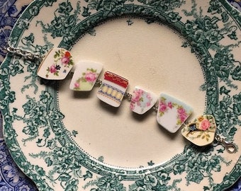 Rose china, Broken china jewelry, broken china bracelet, made from antique broken china plates, ecofriendly jewelry, Dishfunctional Designs