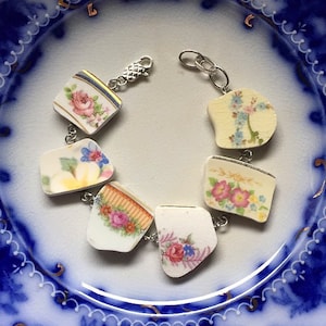 Broken china jewelry, broken china bracelet, made from antique broken china plates, shard links, ecofriendly jewelry, Dishfunctional Designs