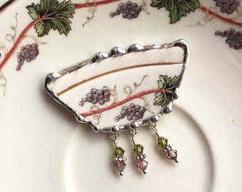 Broken china jewelry. Pin Brooch. vintage  grapes grapevine vintage wine, Swarovski crystals, porcelain, Dishfunctional Designs