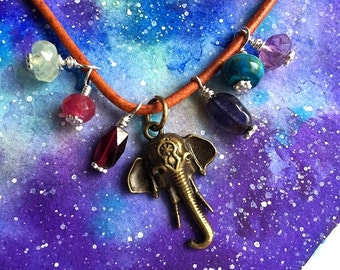 Bohemian Elephant boho chic gemstone necklace, leather cord, iolite, larimar, amethyst, garnet, phrenite, ruby jade, Dishfunctional Designs