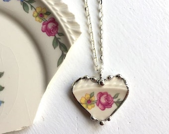 Broken china jewelry necklace, heart pendant,  yellow flower pink rose, made from antique broken china, Dishfunctional Designs