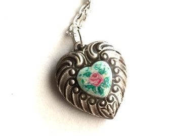 Painted enameled heart charm, rose, silver painted heart, Victorian shabby chic, romantic heart pendant necklace, Dishfunctional Designs