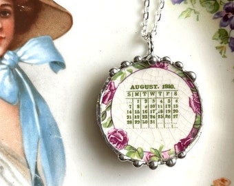 March birthday, antique August 1910 roses calendar plate, broken china jewelry necklace, pink roses, Leo, Virgo, Dishfunctional Designs