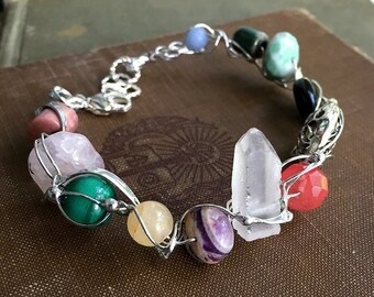Fairy Ring of Gems, beaded gemstone circlet bracelet, Quartz crystal point, Obsidian, malachite, silver finish, Dishfunctional Designs