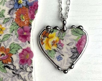 Broken china jewelry heart pendant necklace, antique Marina chintz floral china, eco-friendly recycled upcycled china Dishfunctional Designs