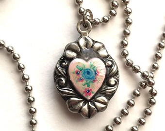 Painted enameled heart charm, rose, silver painted heart, Victorian shabby chic, romantic heart pendant necklace, Dishfunctional Designs