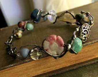 Fairy Ring of Gems, gemstone circlet bracelet, crystals, golden quartz, moonstone, apatite, antique silver finish, Dishfunctional Designs
