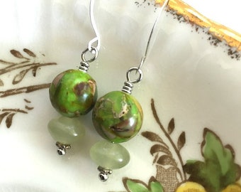 Green Jasper with Phrenite, Gemstone Earrings, lightweight, silver wires feminine earrings stylish pretty, Dishfunctional Designs