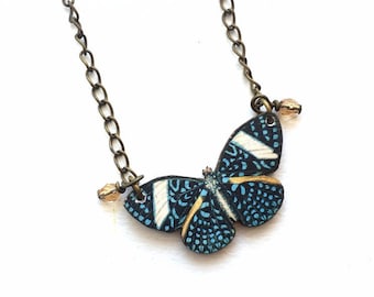 Butterfly necklace blue spotted wings with yellow, chain with crystal beads Victorian style ephemera Dishfunctional Designs