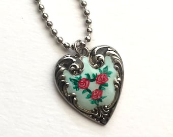 Painted enameled silver heart charm, pink rose painted heart, Victorian shabby chic, romantic heart pendant necklace, Dishfunctional Designs