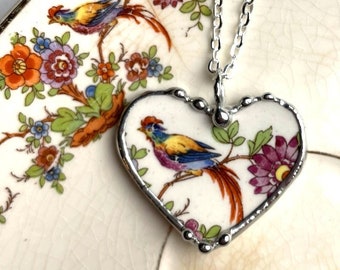 Broken china jewelry - heart pendant necklace - bird of paradise - purple flower - Dishfunctional Designs broken china jewelry