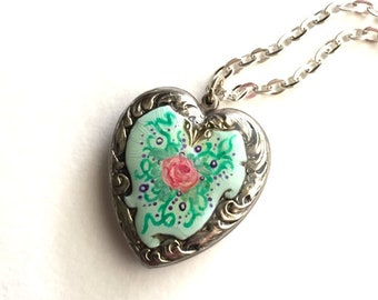 Painted enameled heart charm, rose, silver painted heart, Victorian shabby chic, romantic heart pendant necklace, Dishfunctional Designs