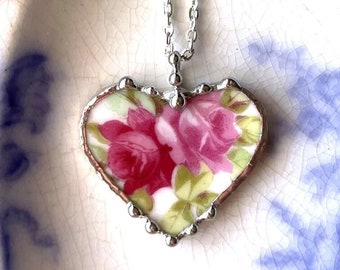 Broken china jewelry heart pendant, antique beautiful pink roses china, recycled china, ecofriendly, Dishfunctional Designs