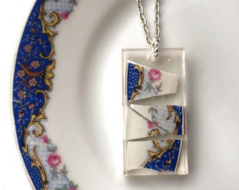 Antique broken china shards in resin, broken china jewelry, broken china mosaic pendant necklace, new design! Dishfunctional Designs