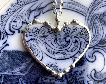 Broken China Jewelry - FLOW BLUE recycled upcycled china heart pendant necklace - antique flow blue, china Dishfunctional Designs