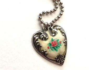 Painted enameled heart charm, silver painted heart, Victorian shabby chic, romantic heart pendant necklace, Dishfunctional Designs