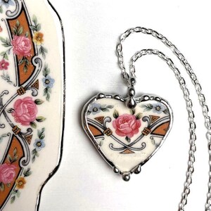 Broken china jewelry heart pendant, made from broken antique rose china, Dishfunctional Designs by Laura Beth Love