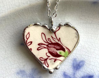 Johnson Bros Rose Chintz China Heart Pendant, Broken China Jewelry, JBRC, Pendant Necklace. Ecofriendly jewelry, Dishfunctional Designs