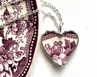 Beautiful Purple English Transferware broken china jewelry, heart pendant necklace, made from recycled china, Dishfunctional Designs