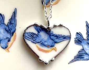 Bluebird heart pendant necklace, broken china jewelry, heart pendant necklace, broken plate recycled bluebird china, Dishfunctional Designs