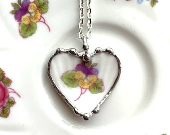 Shelley fine bone china, BROKEN CHINA JEWELRY, pansy heart pendant necklace, made from broken antique porcelain plate Dishfunctional Designs