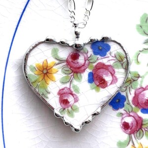 Broken china jewelry heart pendant necklace, rose floral, antique pink rose china, china anniversary gift, Dishfunctional Designs