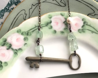 Antique key necklace, pale green prehnite, pearl, copper, semi precious gemstone beads, 24 in long chain, Dishfunctional Designs