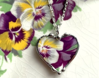 Beautiful Pansy broken china jewelry, china heart pendant necklace, made from recycled china, Dishfunctional Designs, upcycled