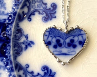 Broken China Jewelry - 1890 recycled upcycled china heart pendant necklace - antique flow blue, clover shamrock china Dishfunctional Designs