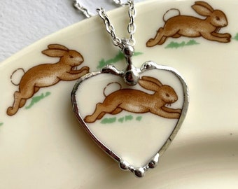 Bunnykins Broken China Jewelry HEART PENDANT Broken Recycled China, Necklace Pendant, running bunny, Dishfunctional Designs Laura Beth Love