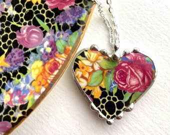 Broken china jewelry heart pendant, antique Hazel chintz, daffodil, pink rose, honeycomb recycled china, Dishfunctional Designs