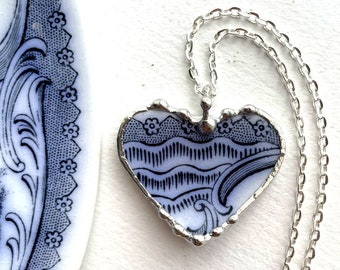 Broken China Jewelry - FLOW BLUE recycled upcycled china heart pendant necklace - antique flow blue, china Dishfunctional Designs