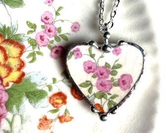 Broken china jewelry heart pendant necklace, antique pink blossoms floral china, eco-friendly recycled upcycled china Dishfunctional Designs