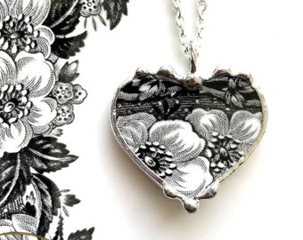 Black and white English transferware, Original Broken China Jewelry, china heart pendant necklace, Dishfunctional Designs, Laura Beth Love