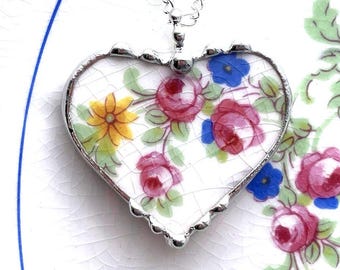 Broken china jewelry heart pendant necklace, rose floral, antique pink rose china, china anniversary gift, Dishfunctional Designs