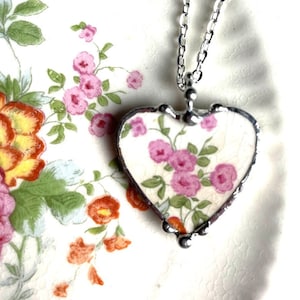 Broken china jewelry heart pendant necklace, antique pink blossoms floral china, eco-friendly recycled upcycled china Dishfunctional Designs
